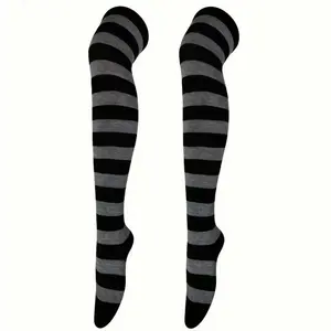 Striped Patterned Socks (Thigh High) Dark Gray and Black