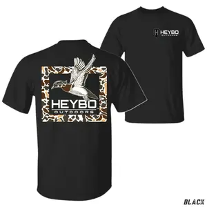 Heybo Outdoors T-Shirt - Flying Duck & Camo Graphic - Unisex, soft, Relaxed Fit, Short Sleeve, Machine Washable - Menswear, Streetwear, Vacation Outfits