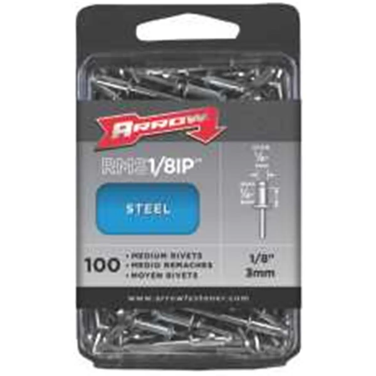 ARROW RMS1/8IP Medium Steel Rivets, 1/8-Inch Diameter, All-Metal Construction, 50-Pack, for Secure Sailing Connections