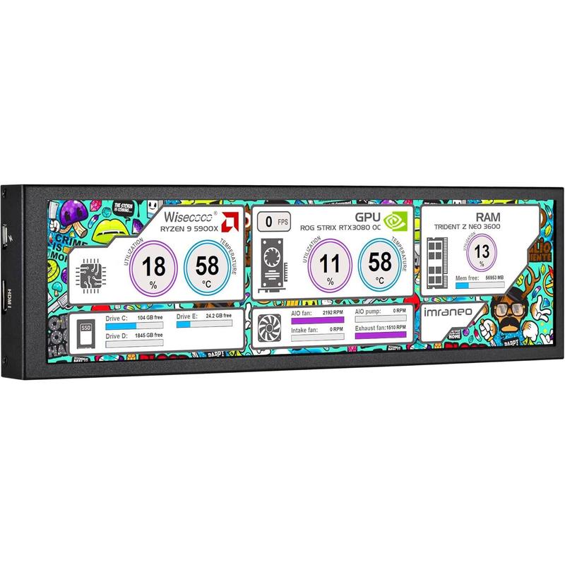 wisecoco 8.8“ Mini Bar Screen Display - Ultra-Wide IPS Panel, Type-C Connectivity, System Monitor for PC and Mac