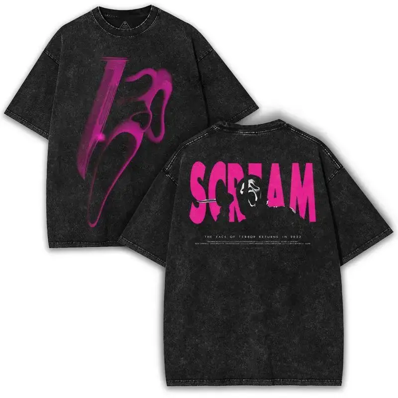 Men's Oversized Vintage Washed Short Sleeve Tee - Pink Neon Ghostface Graphic Double Printed Horror Shirt, Casual Retro Slasher Streetwear, Horror Lover Gifts, Cold Wash, All Seasons Collector Top