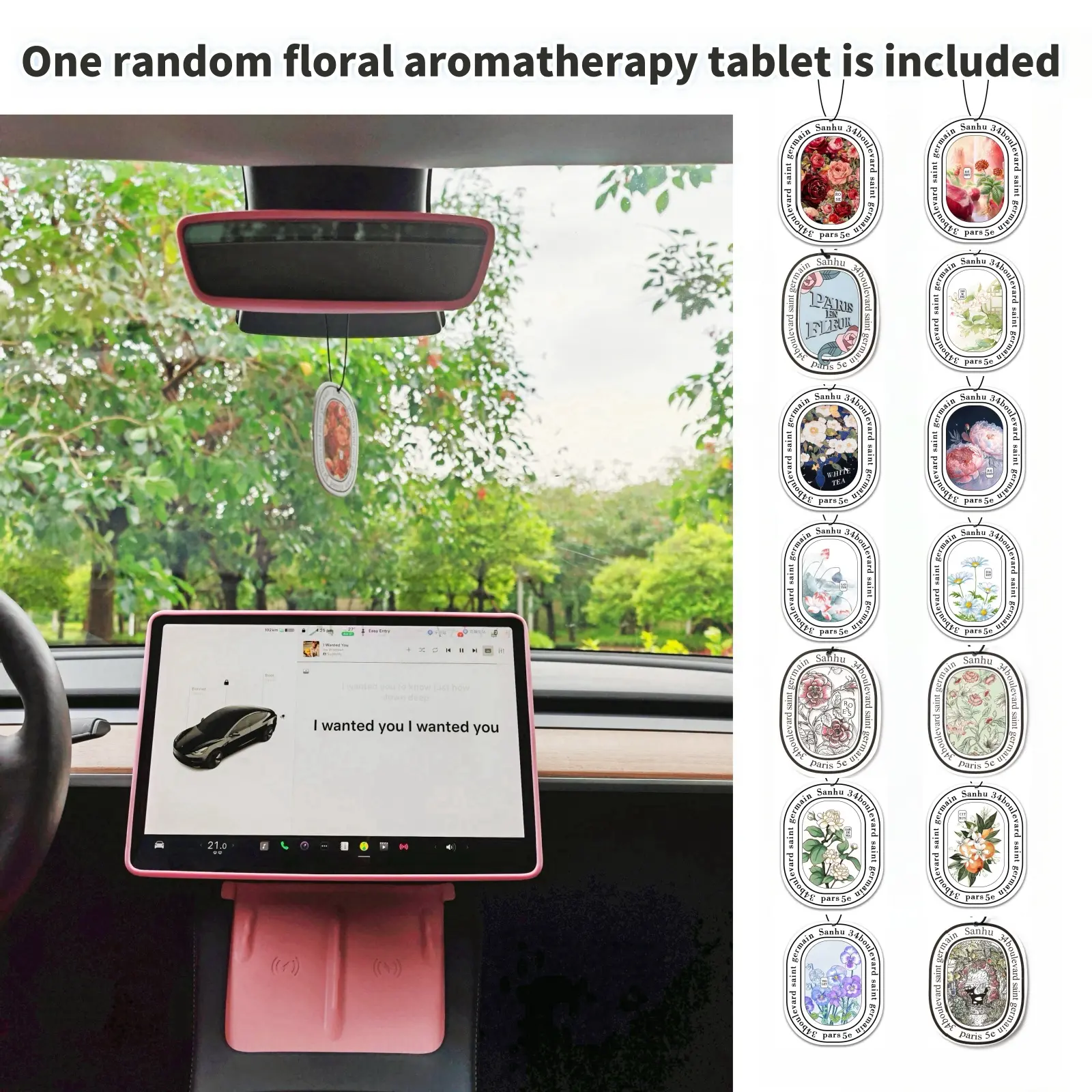 Tesla MODEL3/MODELY Accessories of Screen Protector Frame + Center Console Wireless Charging Silicone Pad + Interior Rear View Mirror Cover 3pcs 3in1