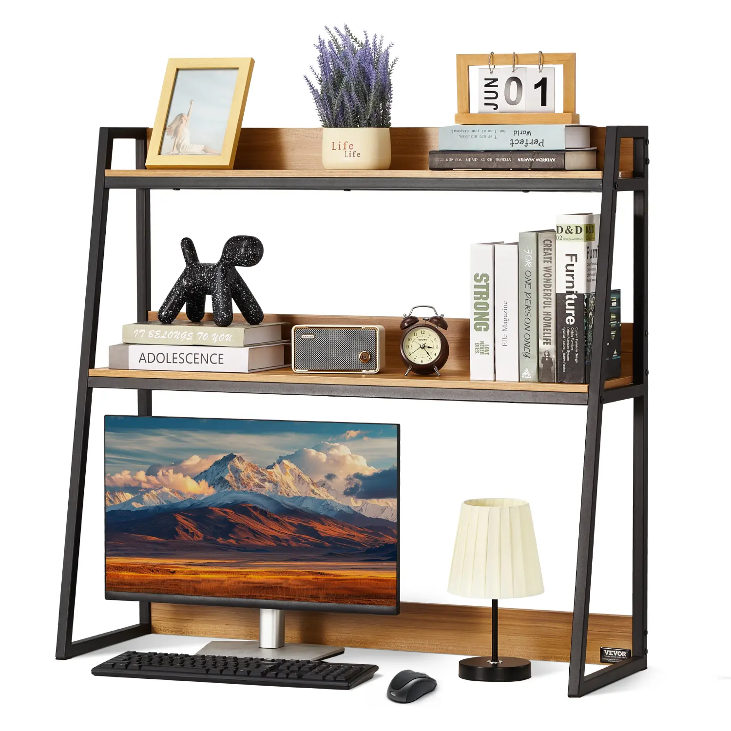 VEVOR Desktop Bookshelf,  2-Tier Desktop Storage Organizer, 37.4" x 12.6" x 35.4" Office Storage Rack Wood Color Display Shelf, Desktop Bookshelf Hutch with Anti-Slip Feet Pads, for Office, Home & Dorm