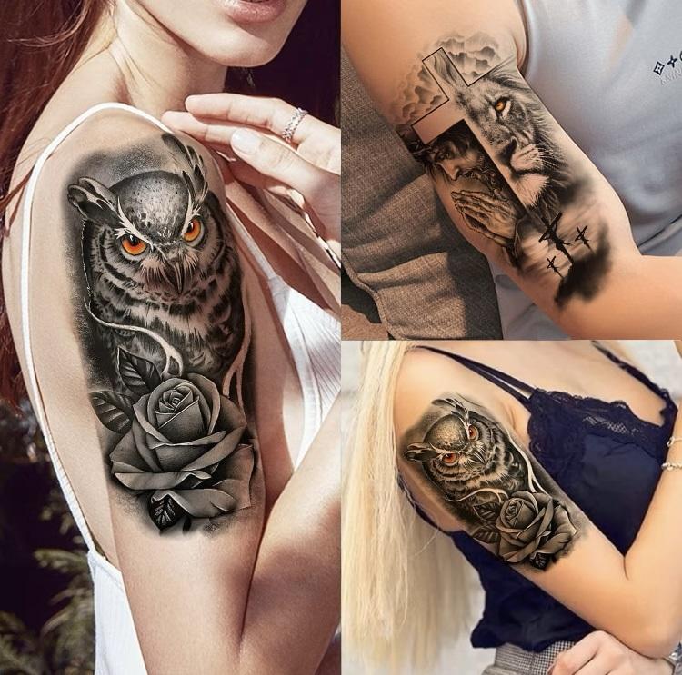 76 Sheets Large Black Temporary Tattoo Stickers - Tribal Wolves, Tigers, Lions, Snakes, Skulls, 12 Fake Tattoo Stickers for Men & Women Arm Designs