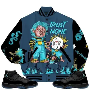 11 Gamma Blue Varsity Jacket, Gamma Blue 11s Outfits Matching Shirt, Scary Trust No One Drip Graffiti Streetwear Sneaker Match High-Grade Polyester Knit Fabric