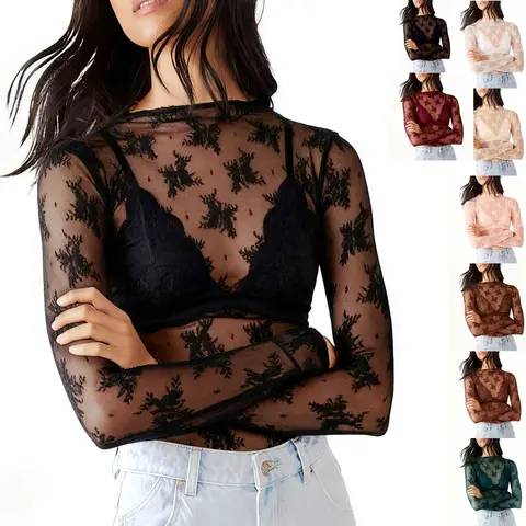 Buenoble Womens Mesh Long Sleeve Tops Crew Neck Sexy See Through Lace Sheer Floral Blouse for Party Club Night Out