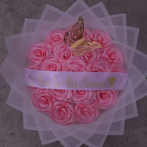 18 Pink Hermosa Eternal Rose Bouquet Custom Ribbon Gift Decor Decorative Flower Room arrangement flores eternas liston ribbon