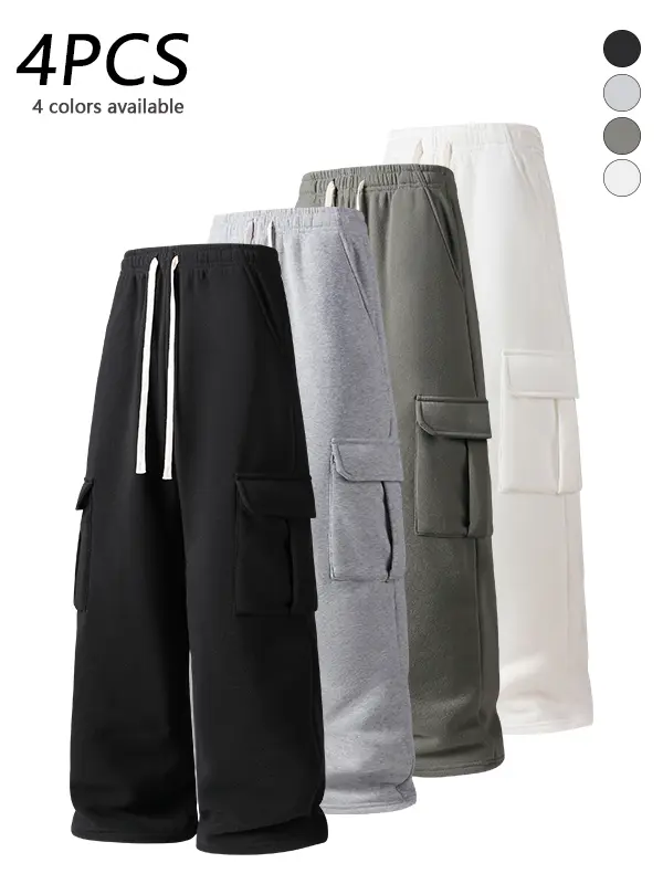 4-pack men’s cargo wide-leg sweatpants with utility pockets, adjustable drawstring elastic waistband, breathable soft fabric, side pocket design