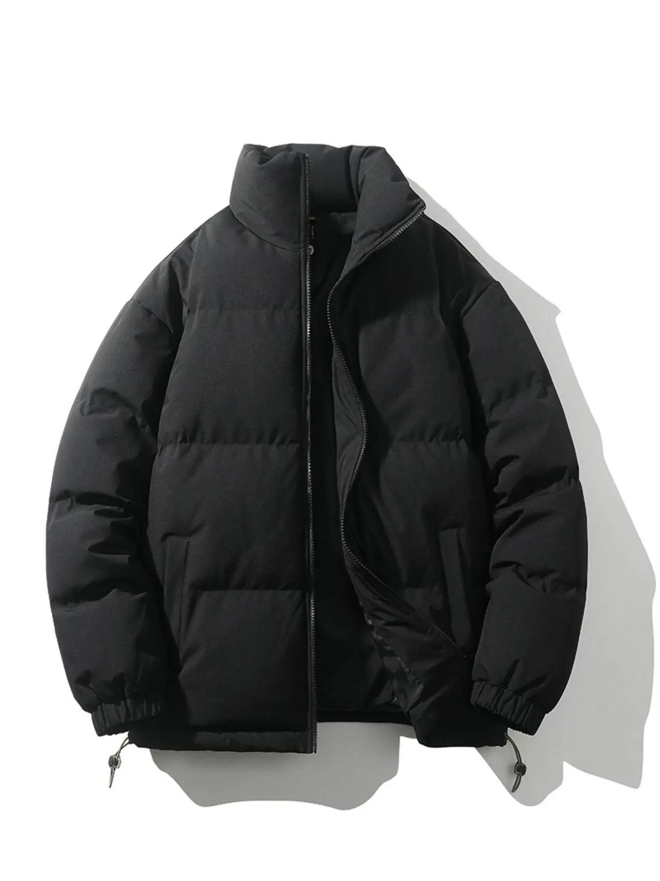 Men's Solid Plain Zip Up Drawstring Down Loose Jacket, Casual Thermal Pocket Funnel Neck Long Sleeves Outwear for Fall & Winter, Streetwear, Winter Thick Jacket, Essentials Puffer Coat, Solid Color Puffer