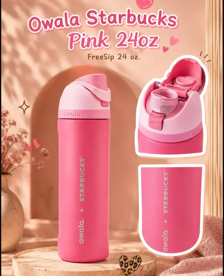 Owala Starbucks Pink 24oz Stainless Steel Water Bottle | Leakproof FreeSip, Aesthetic Pink Water Bottle, Leakproof Bottle with Built-in Straw & Wide Mouth