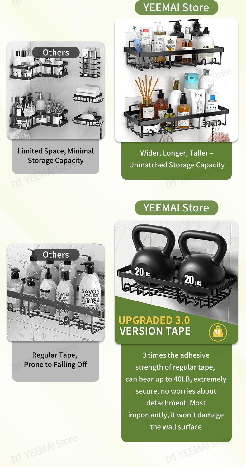 Hollow Bathroom Shelf - No-Drill Adhesive, Multi-Functional Shower Rack, Ideal for Bathroom and Kitchen, Home Farmhouse Style Wall Shower Interior Organization and Storage Decor, Bathroom Accessories