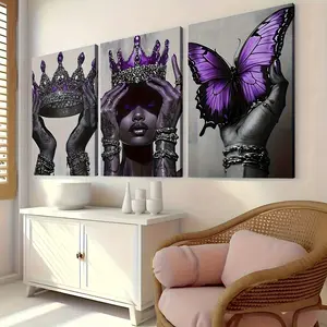 Elegant 3-Piece Canvas Wall Art - Butterfly Queen Crown & Purple Black Woman Portrait Modern Framed Art for Living Room & Bedroom Home Décor cartoon decor poster