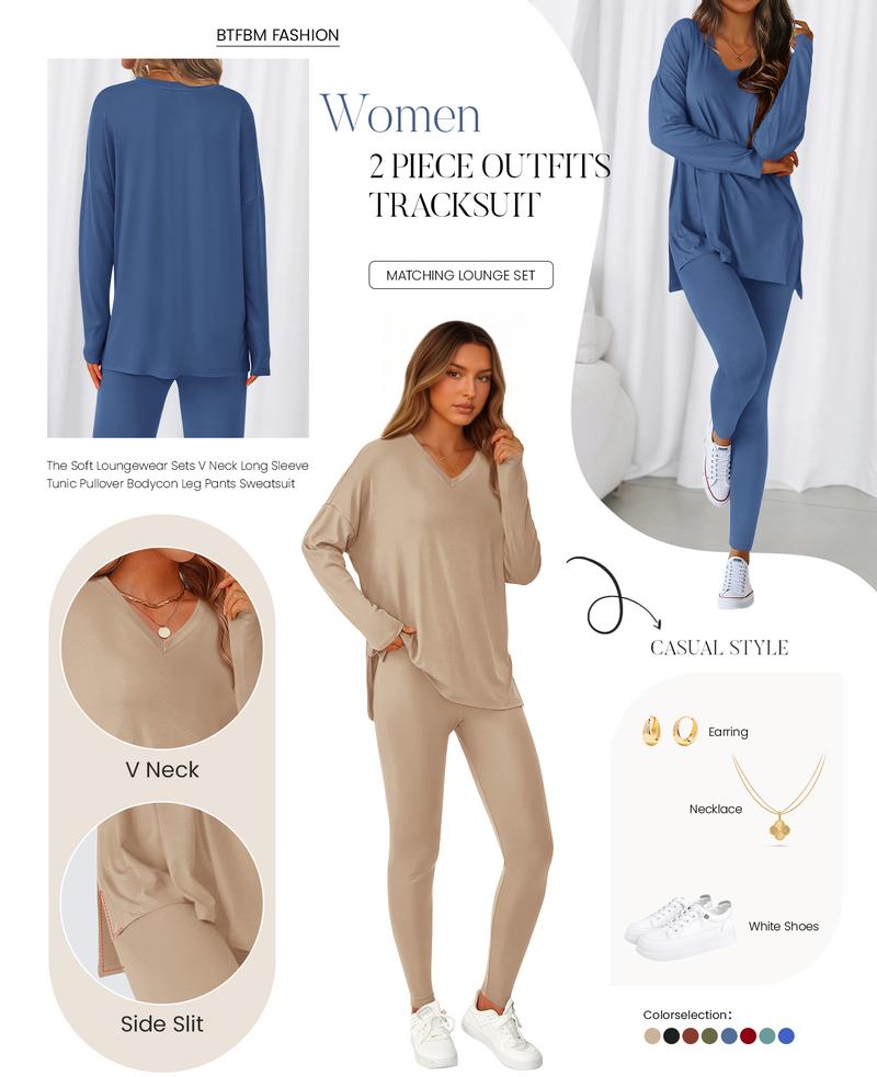 BTFBM 2026 Women Soft Lounge Two-Piece Set Comfy Matching Shirt and Leggings for Home Travel Casual Wear