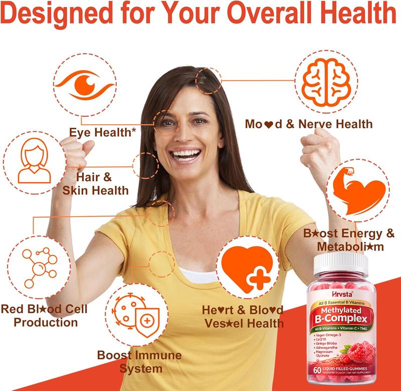 Ultra-Potent Methylated Vitamin B Complex Gummies - Contains all B vitamins + Omega-3, Magnesium, Coenzyme Q10, Ashwagandha, Vitamin C, and TMG - Suitable for both men and women.