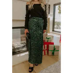 Shimmering Smile High Waist Sequin Wrap Maxi Skirt in Hunter Green
