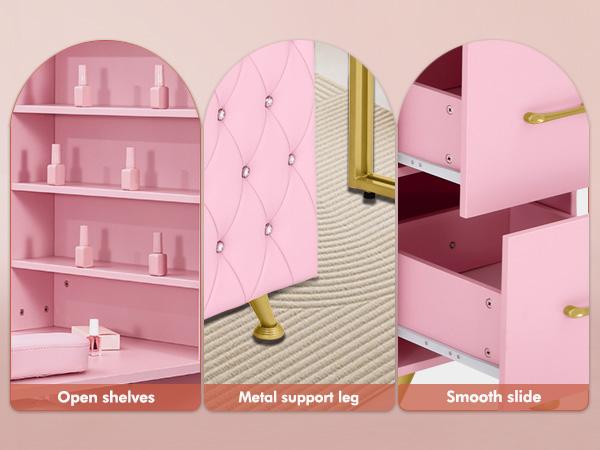 Sturdy Pink Manicure Table with Dust Collector Nail Desk with Nail Arm Rest Open Shelves Leather Padded Walls for Nail Techs