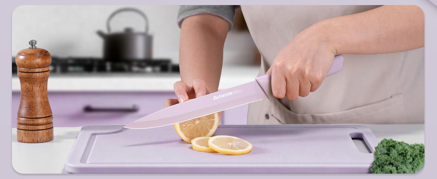 【Valentines Day Sale】Astercook 7-Piece Kitchen Knife Set – Valentine’s Day Gift for Her, Healthy Anti-Rust Coated Stainless Steel Knives, Dishwasher Safe, Chef Knife Set with 6 Blade Guards, Elegant Purple