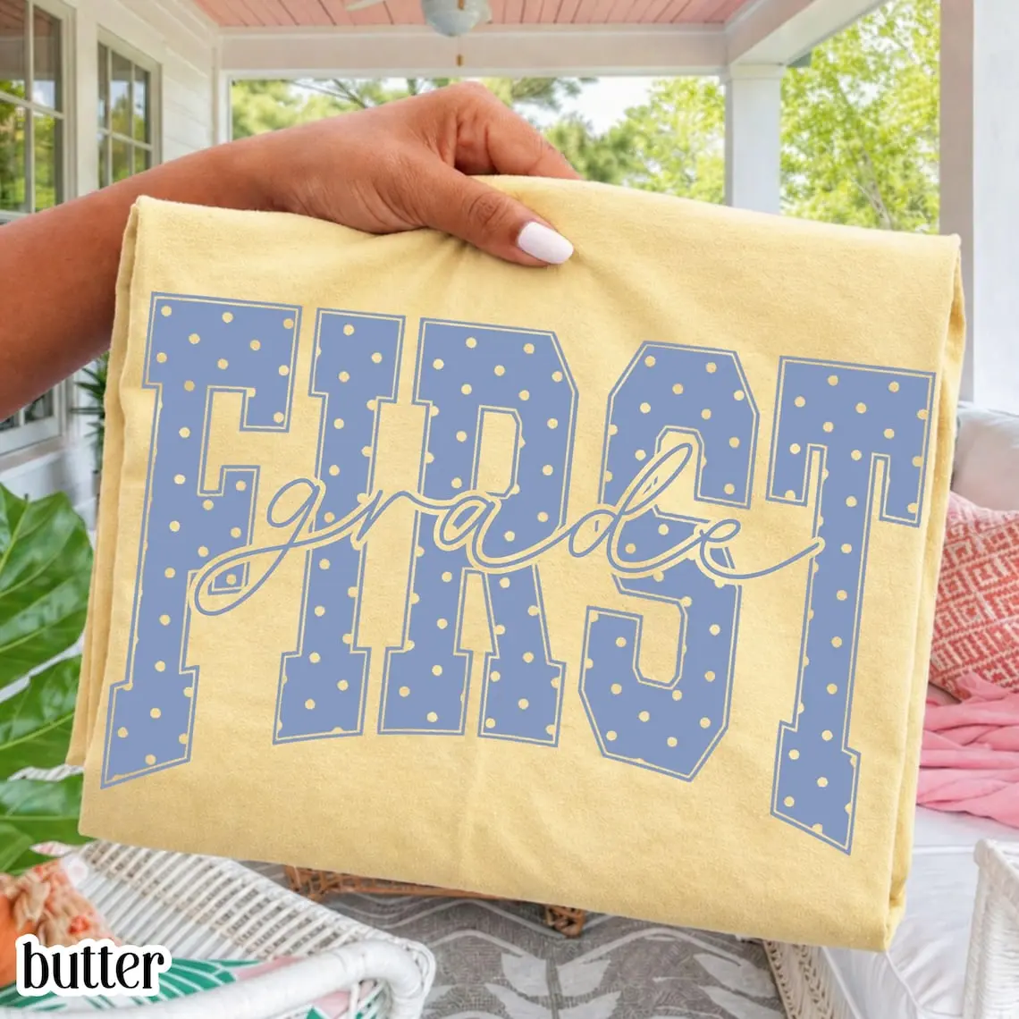 First Grade Comfort Colors Shirt Blue Polka Dots Teacher Tee Cottagecore Aesthetic 1st Grade TShirt For Back to School Educator T-shirt