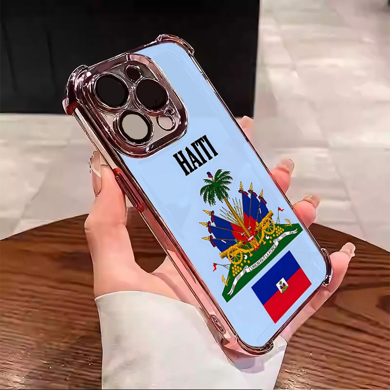 Haiti Flag pattern Design With Multi-Colored Border Suitable for Aesthetic Electroplated TPU Casing For iphone 17 16 15 14 13 12 11 PRO PLUS MAX AIR Samsung S26 Four Corners Anti-Fall Transparent Casual Soft Silicone Phone Cases High-end durable  L1726