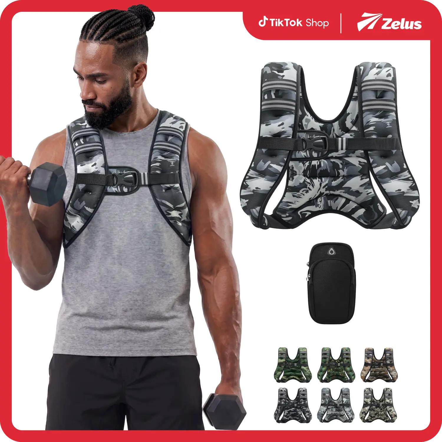 【BackToSchool】ZELUS Urban Tactical Military-Style Weighted Vest 6–30lb Camo with Reflective Stripe Detachable Phone Pouch & Adjustable Straps for Walking Workout Motivation & Strength Training|#tiktokshopbacktoschool