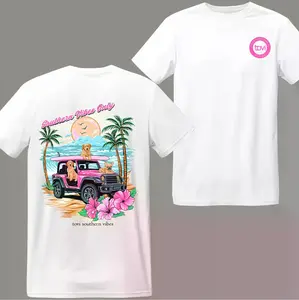 Tori Southern Vibes Tropical Jeep Graphic Tee for Women - Cute Dogs & Sunset Design - Casual Fitted Crewneck Top - 100% Pure Cotton Summer Womenswear