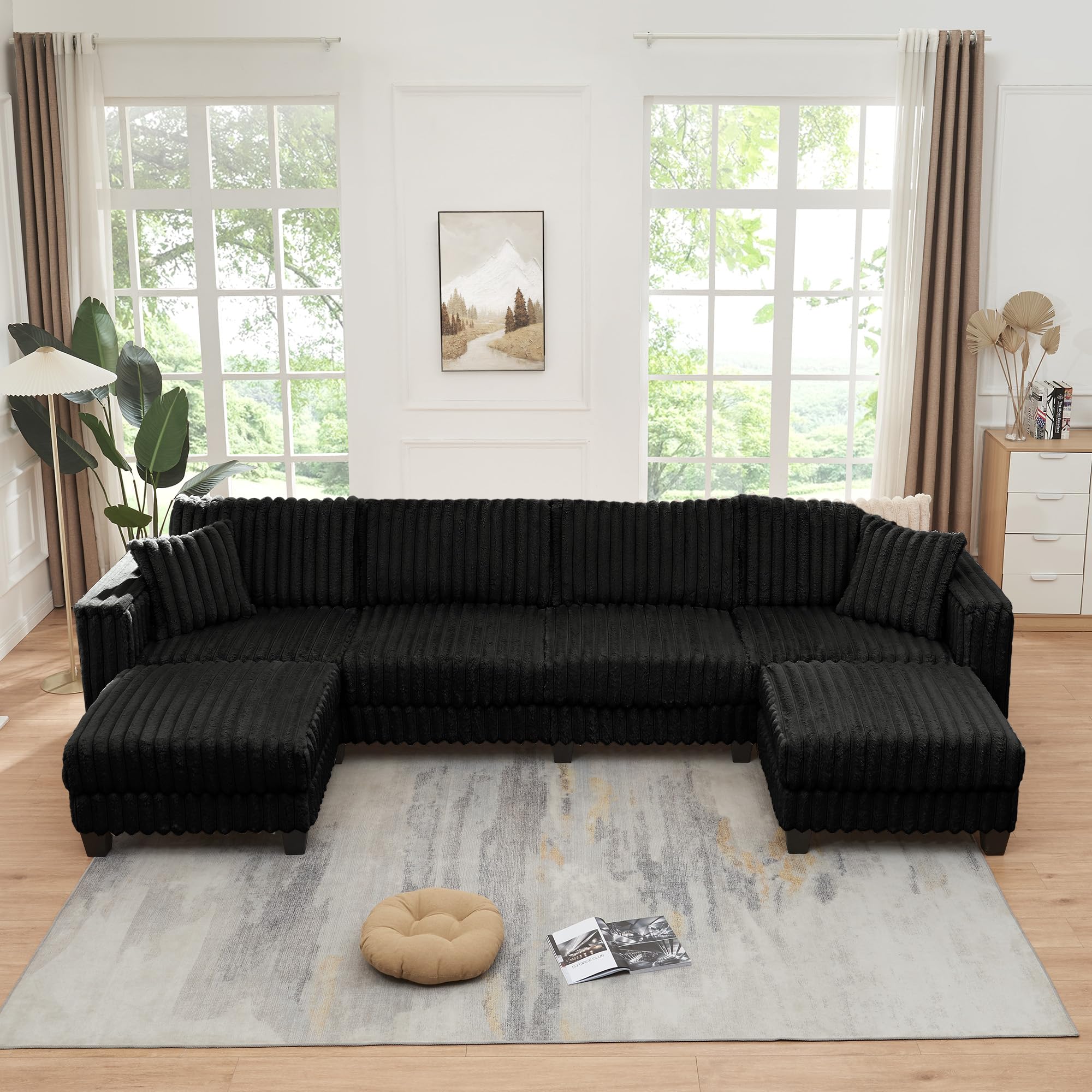 【2 Packages Shipping】Giratree 137" Plush Corduroy Cloud Velvet Modular Couch with Chaise, No Assembly Required L-V-U Shaped Sectional Sofa Set with Flexible Configuration