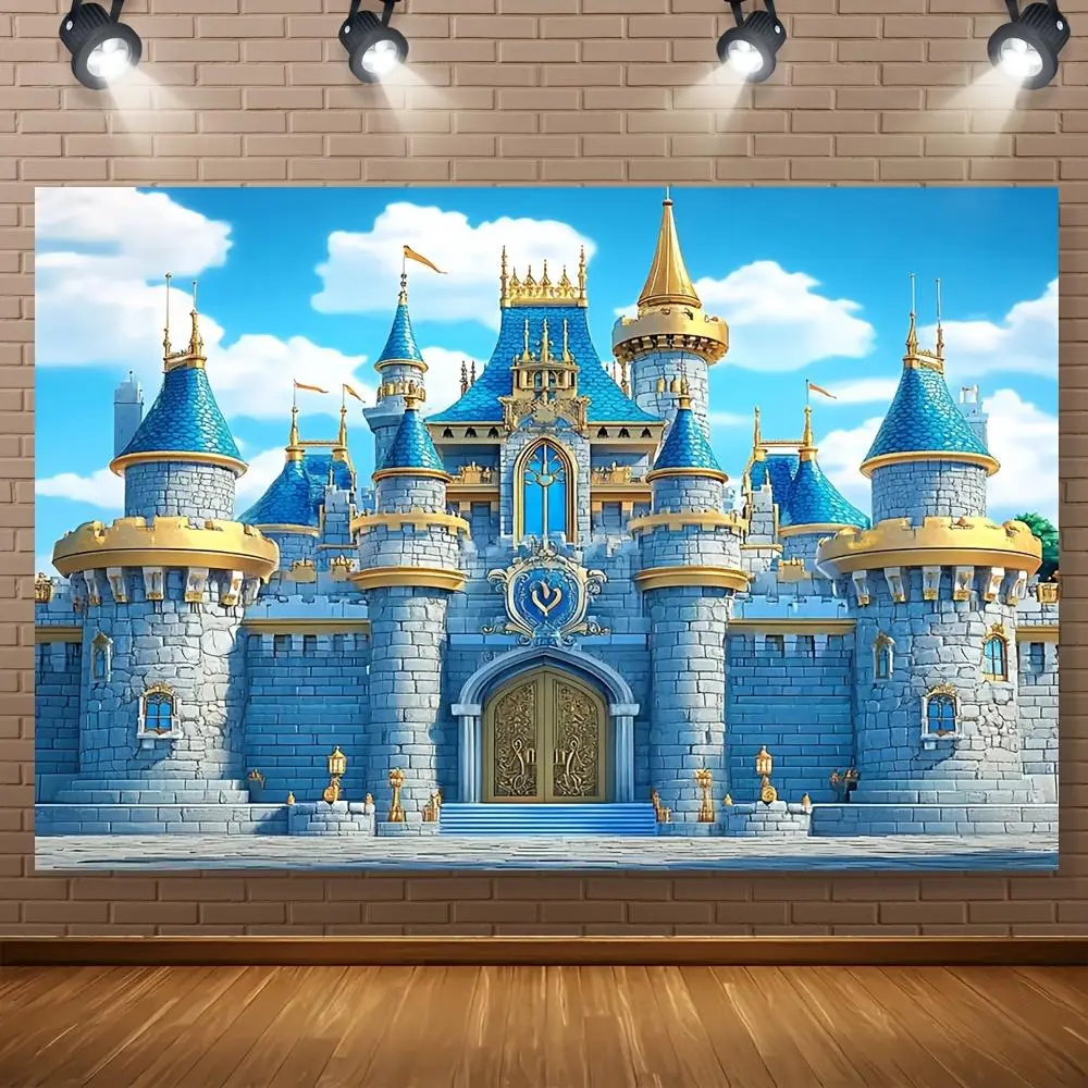 1pc Soft Durable Polyester Flat Backdrop - 2D Blue Castle-Golden Banner Design, Multi-Size (in) Options, No-Compromise Glam Indoor Wall Hanging Decoration for Birthday Party, Photo Booth