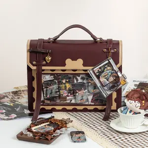 The Junco Bear Stamps Ita Bag | Kawaii Vintage PU Leather 3-Way Convertible Backpack Crossbody | Clear Display Window for Anime Pins Plushies | Versatile Daily School Work Bag for Women