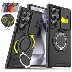 Shockproof Magnetic Case For Samsung Galaxy S25Ultra S24 S23 S22 FE Plus Case with Slide Camera Lens Protector Rotating Ring Holder Military Grade Anti-Fall Protective Case Cover