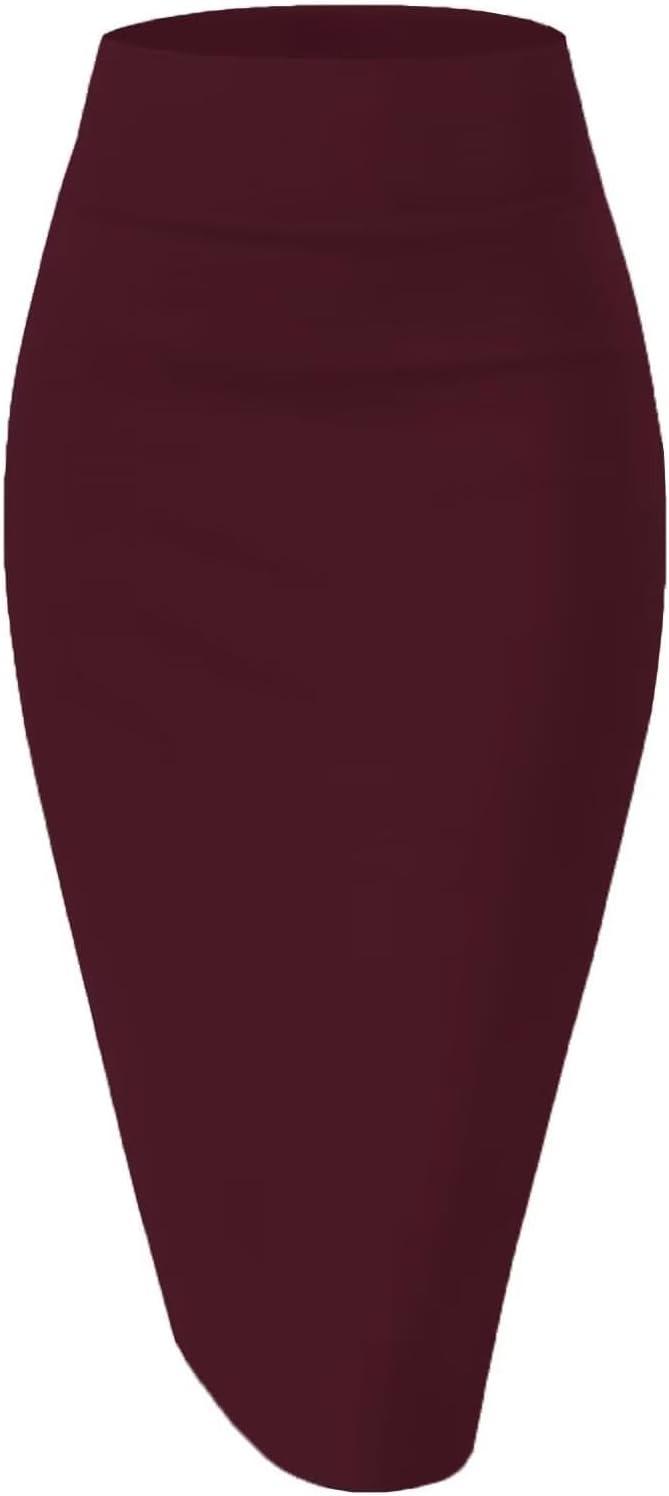 Women's High-Waist Stretchy Nylon Pencil Skirt - Knee Length, Slim Fit, Comfortable Bottoms for Business Casual Work Wear, Fabric