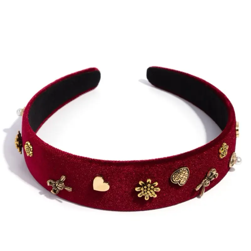 Charming Convocation Velour Headband with Gold Heart and Flower Charms for Stylish Accessory