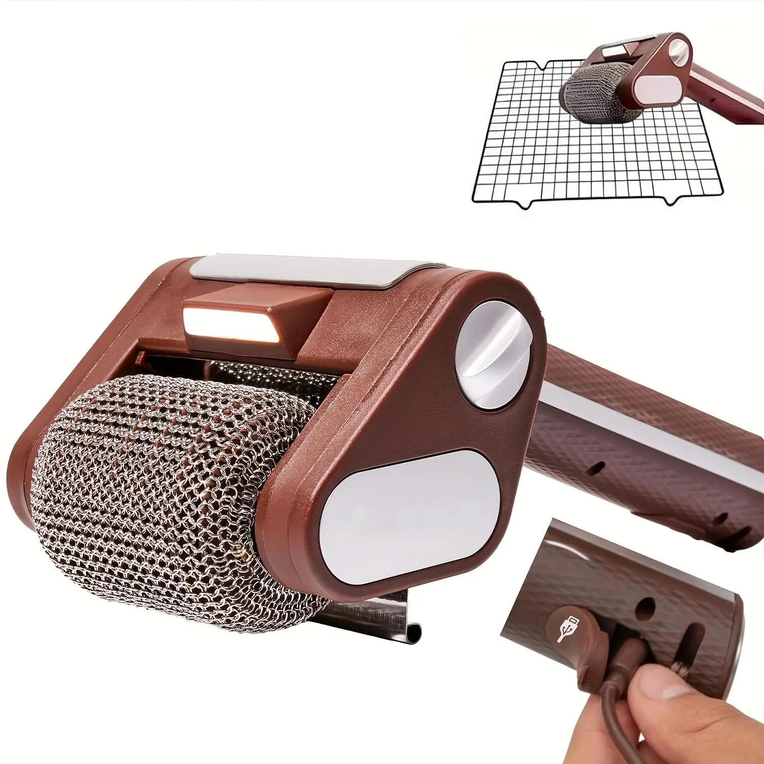 Brushless Rotating Grill Utensil - Wireless Rechargeable with LED Spot Cleaning, Longer Battery Life, 304 Steel Power Rollers, Bristle-Free Design, No Preheating, 350 RPM, Outdoor Grill Accessories