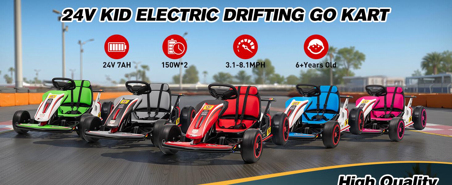 2026 Upgraded 24V Electric Go Kart for Kids Ages 6–12 High-Speed Drift Music Dual Speed Options Durable Safe Design with Bluetooth Music & Real Driving Feel