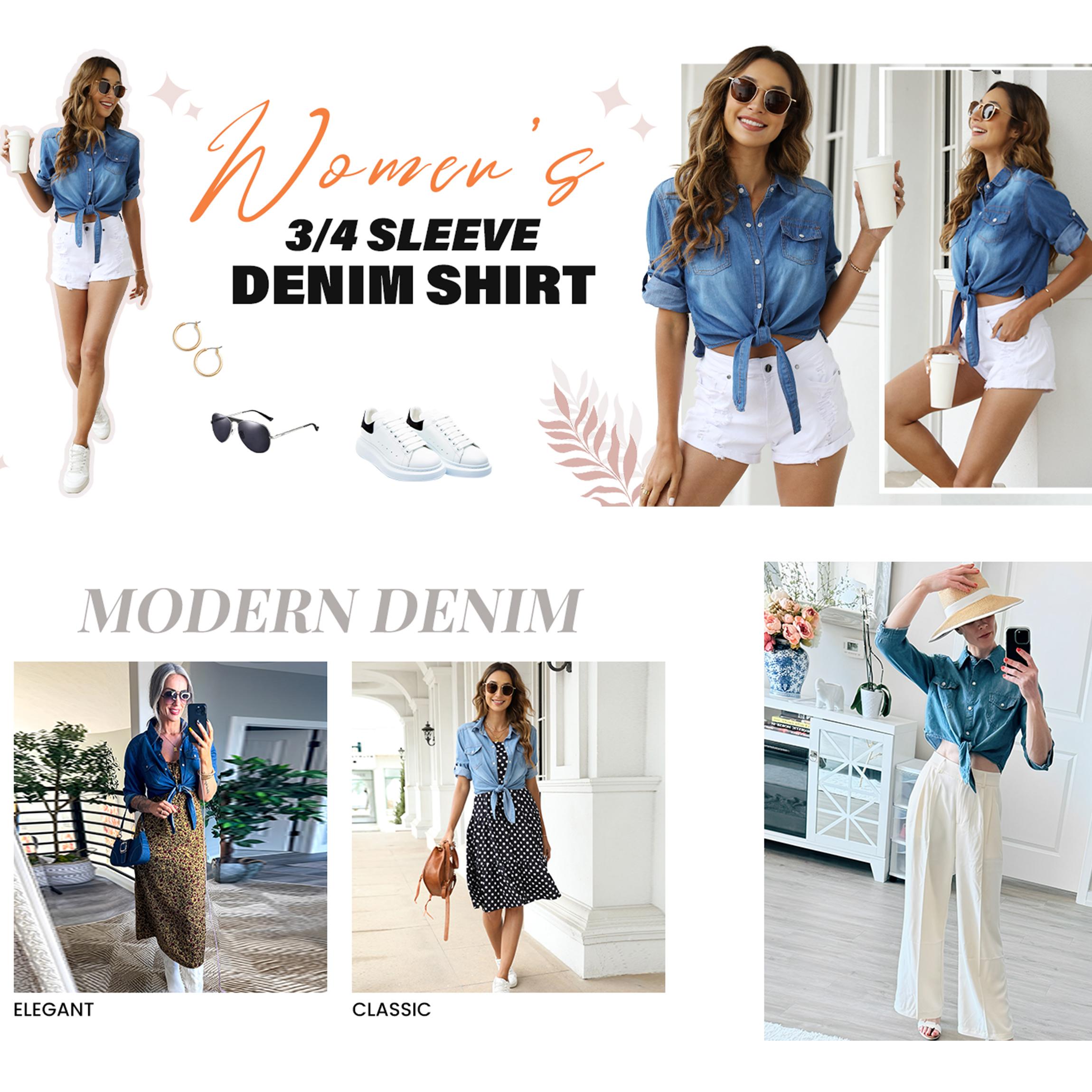 Buenoble Women’s Denim Button-Down Shirt 3/4 Sleeve Cropped Tie Waist Western Shirt Casual Trendy Fashion Top SpringStatements