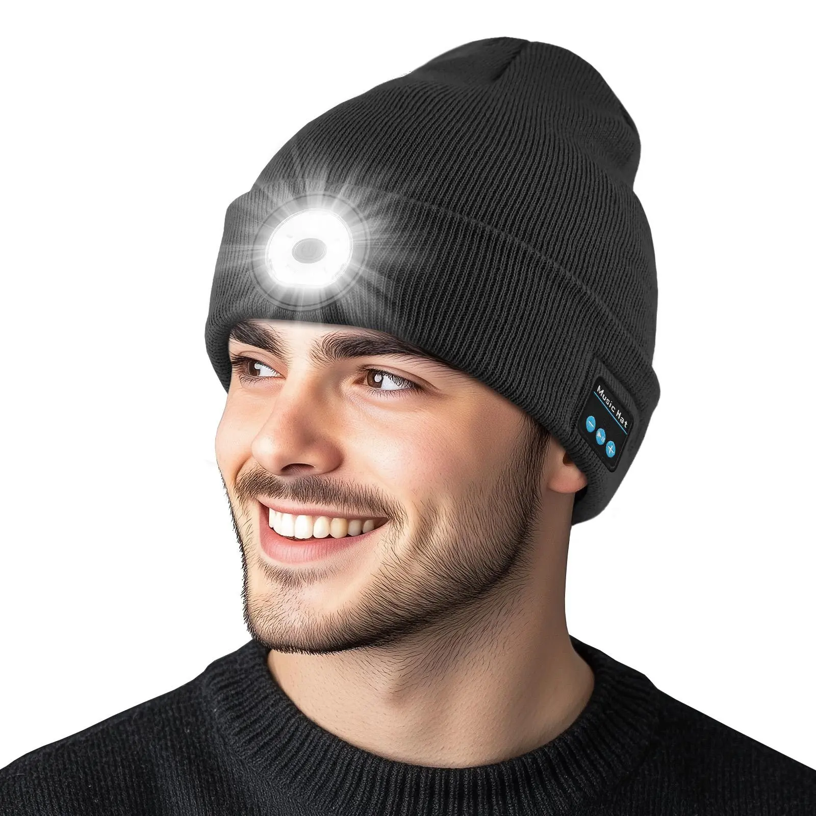 M1-BL1 Polyester Light-Up Bluetooth Beanie - 4 LED Lights Flashlight, Unisex USB Rechargeable Cordless Headphone Hat, All-Season Warm Knit Hat for Men & Women, M1-Bl1 (Light + Bluetooth)
