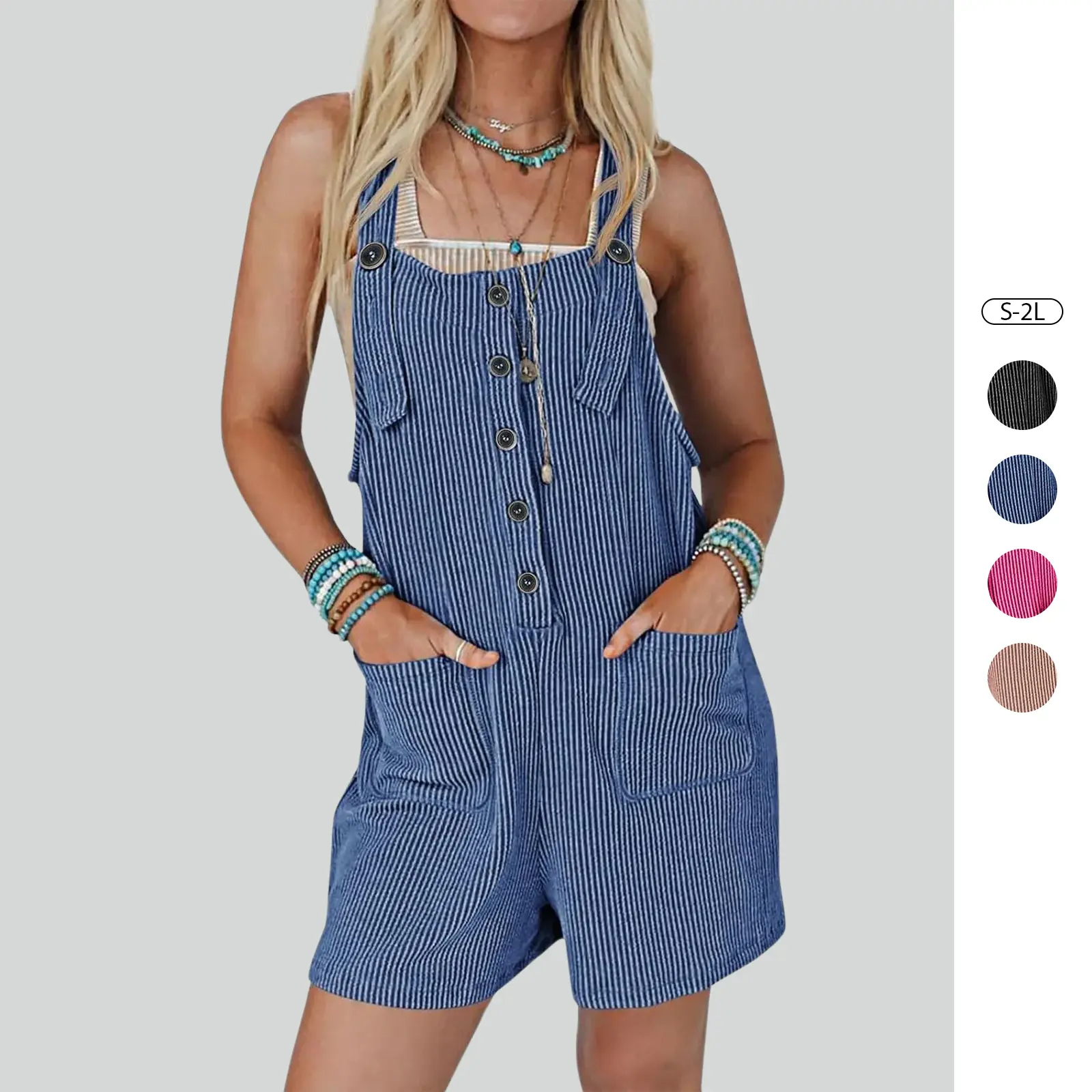 Imily Bela Women's Short Romper for Summer Casual Button Stripped Jumpsuit Adjustable Straps Cute Mini Overall with Pocket Comfort Striped