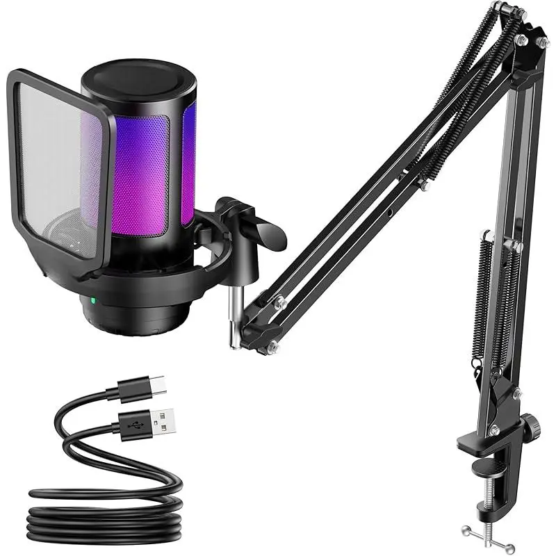 RGB Indicator Gaming USB Condenser Microphone with Noise Cancellation, Mute Button, Adjustable Gain, Metal Boom Arm Stand, Mount, Cable, Adapter, USB Type-C, Plug-and-Play for Streaming, Podcasting, PC & Laptop, PS4, PS5, Mac, Black