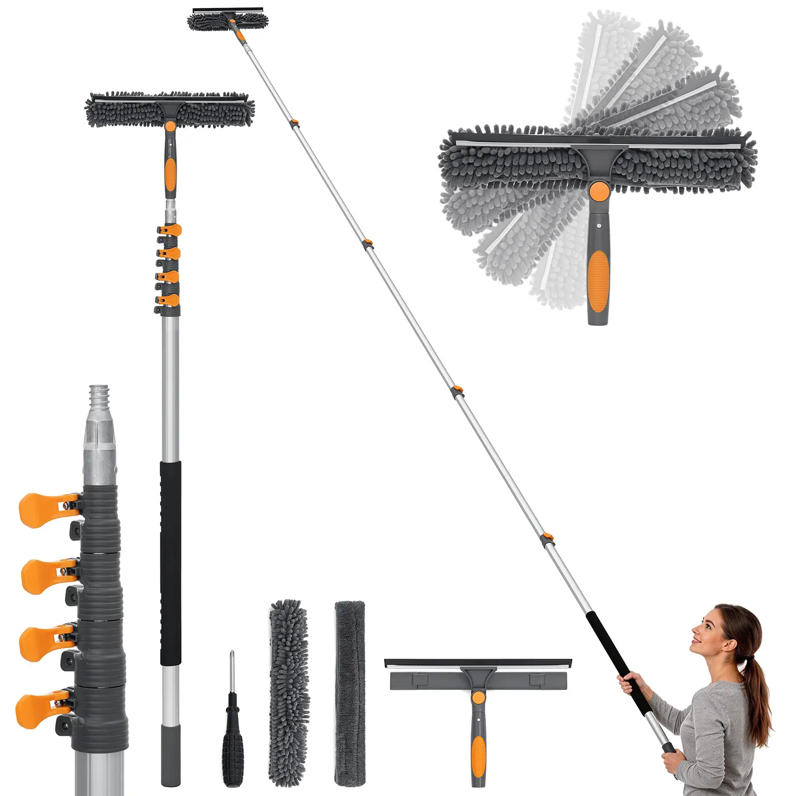 Professional Window Squeegee , 3-in-1 Rotatable Squeegee With 19 FT Extension Poles, Window Cleaner Tool Kit for Indoor & Outdoor Windows, Glass, Mirrors, Screens, Car Glass