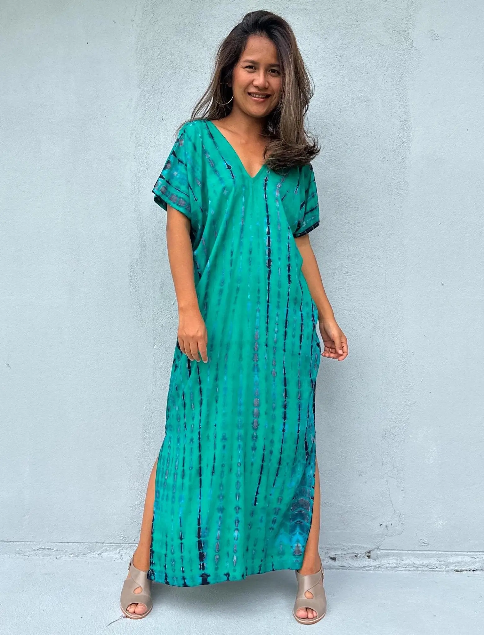 Petite Fit Kaftan Dress for Women, Casual Turquoise and Blue Tie Dye Statement Piece in Fluid Rayon Fabric, Casual Wear