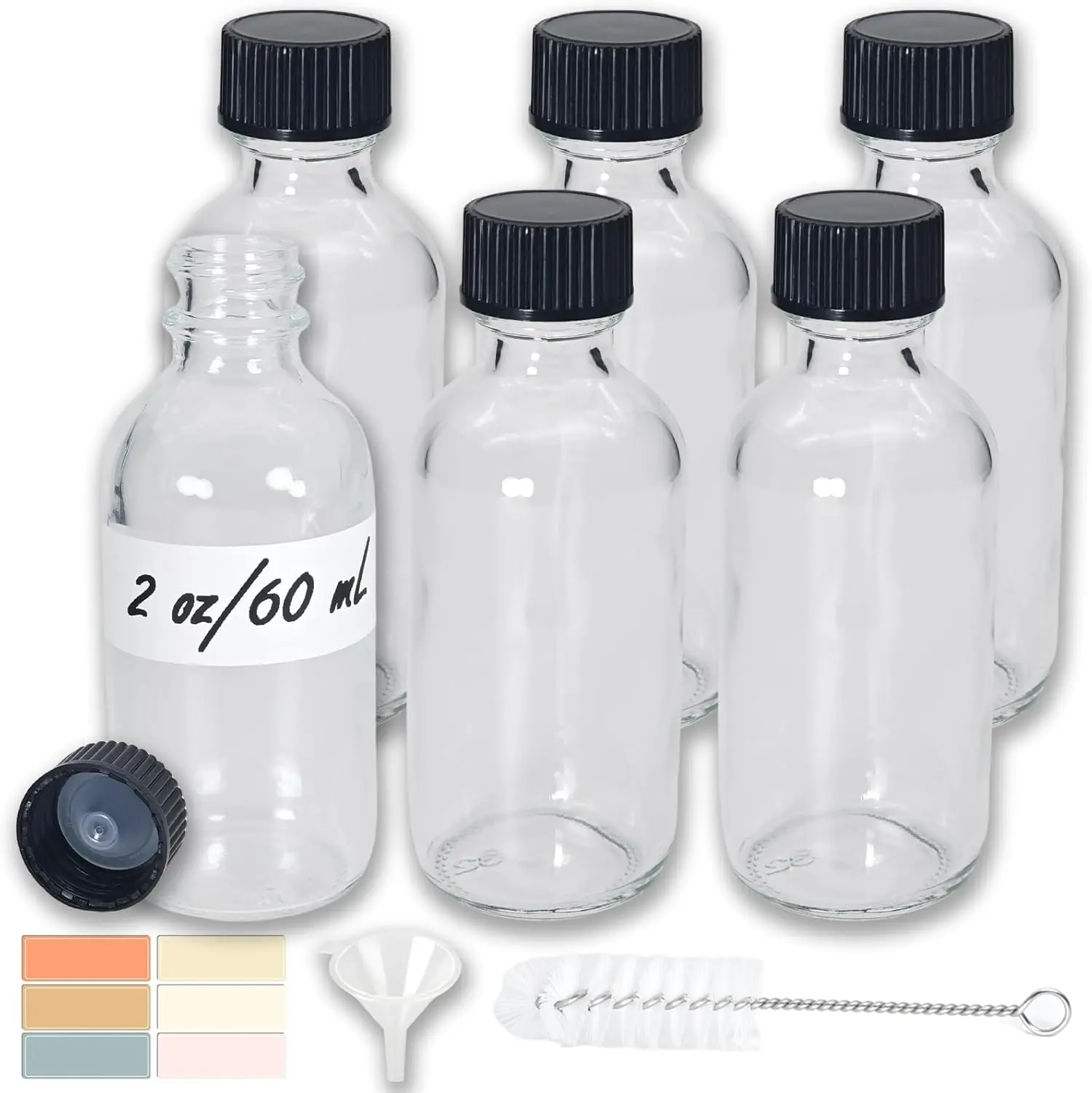 6 Pack 2oz Shot Bottles with Caps, Leak-proof 60mL Small Clear Glass Bottles with Lids for Travel, Wellness, Ginger, Essential Oils, Liquids, Potion, Juice