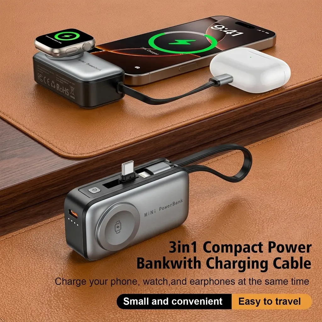 5000mAh Palm-Sized Magnetic Power Bank for iPhone, Mini Portable Battery Pack with Built-in Cable, USB-C Quick Charge, 3 Ports, Wearable Tech Accessory for Travel & Daily Use, Accessories
