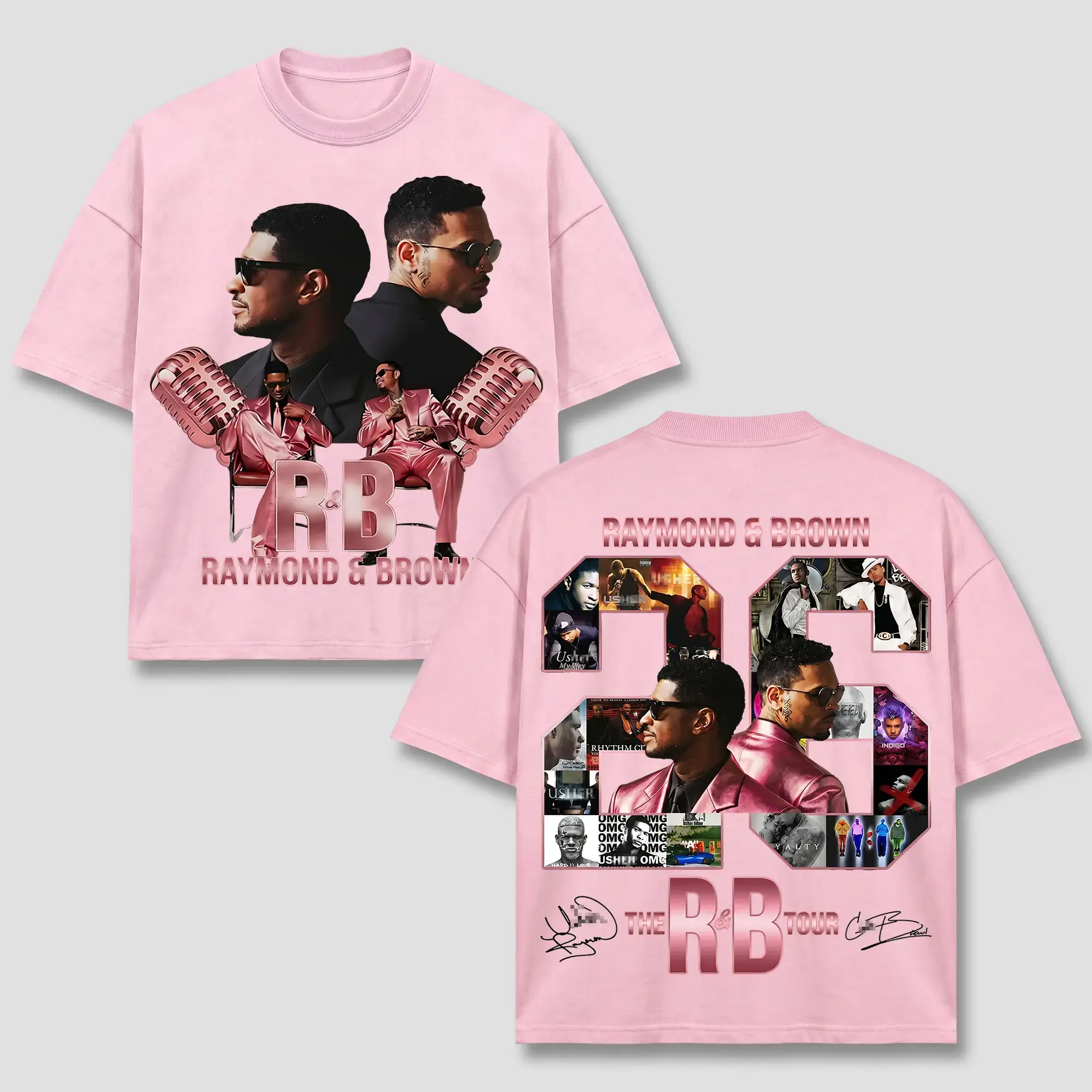 [FREE SHIP] Brown Raymond T-Shirt Pink, "Breezy" Raymond & Brown Tee, The R&B Tour 2026 Clothing, Pink Metallic Microphone Top, Retro 90s Block Number 26 Merch, Vintage Acid Washed Apparel, Team Breezy Hip Hop Fan Gift