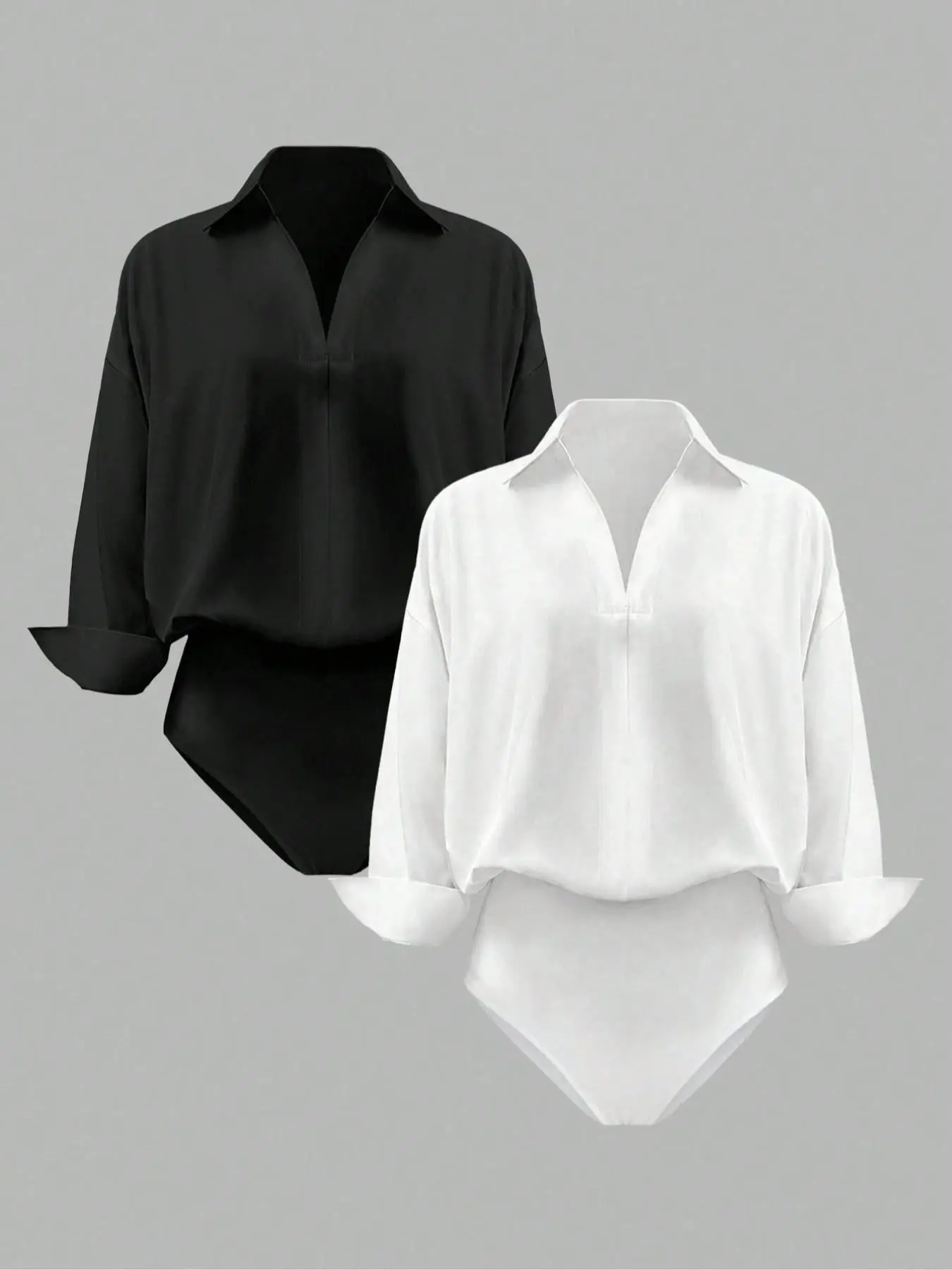 Women's 2-Piece Woven Fabric Basic Soft Casual Oversized Loose-Fit V-Neck Long-Sleeve Shirt Bodysuit Set Outfit, Tops, Stylish, Elegant and Versatile for Layering or Standalone Wear, Fashionable Bodysuits, Womenswear