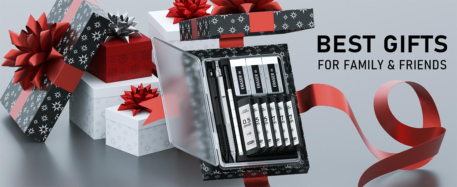 Four Candies 4PCS Metal Mechanical Pencils Set with Case, 0.5mm & 0.7 mm Artist Pencil with 8 Tubes (480PCS) HB Lead Refills, 3 Erasers,9 Eraser Refills For Writing Drafting, Drawing, Black&Sliver