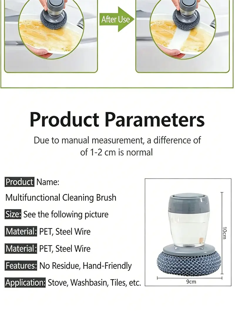 Automatic Liquid Filling Palm Brush with Comfort Handle, Ergonomic Non-slip Grip, Durable Bristles - Kitchen Gadgets, Cleaning Supplies for Sink Pot Bowl Cleaning, Detachable Head, Removable & Washable Multi-Purpose Home Care Sponge