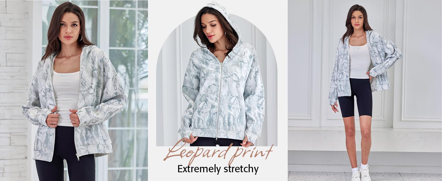 ATTRACO Women's Leaf Print Oversized Hooded Sweatshirt Solid Color Full Zip Long Sleeve Pocket Sweatshirt