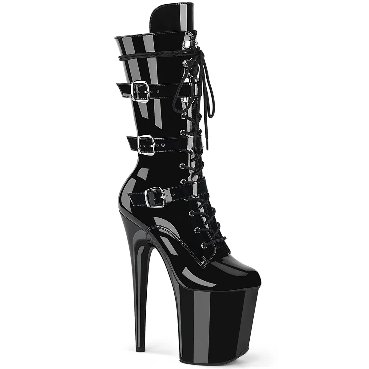 Pleaser Flamingo-1053 Women's Statement Mid Calf Platform Boots, 8-Inch Heel & 4-Inch Platform Lace-Up with Triple Buckles for Party, Statement Shoes, Footwear, Heels For Women, Side Zipper, Wrapped Sole, All Seasons, Stiletto Heel