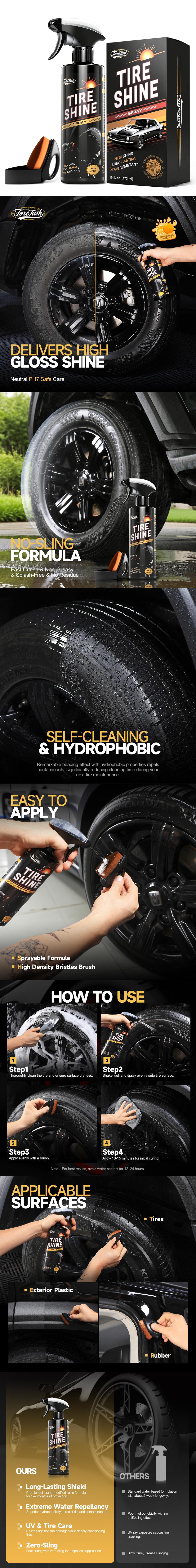 TORETARK Tire Shine Spray 16 oz Hydrophobic Formula for Extreme Water Repellency UV Protection High Shine Long Lasting Stain Resistant Tire Care Product，Best Gift For Christmas.