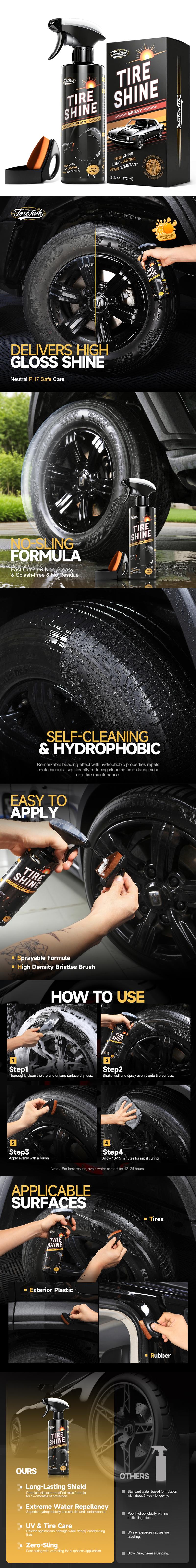TORETARK Tire Shine Spray 16 oz Hydrophobic Formula for Extreme Water Repellency UV Protection High Shine Long Lasting Stain Resistant Tire Care Product，Best Gift For Christmas.