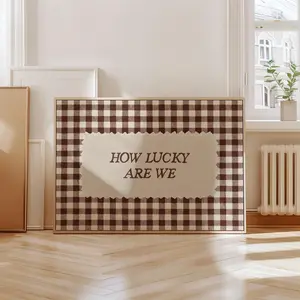 How Lucky Are We Print: Rustic Brown Gingham Textile Wall Art, Vintage Country Home Decor